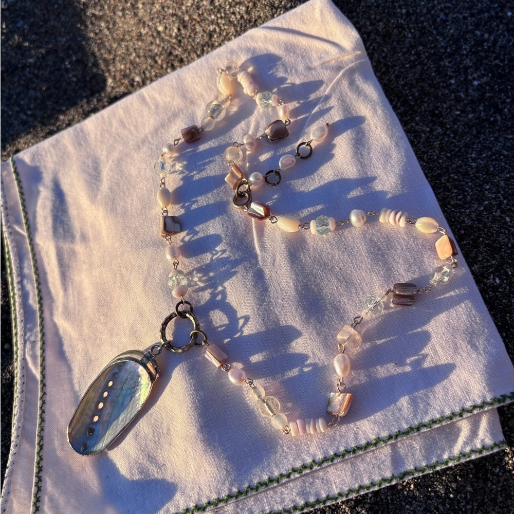 Handmade Vintage Genuine Freshwater Pearl Shell Crystal and Abalone Necklace
